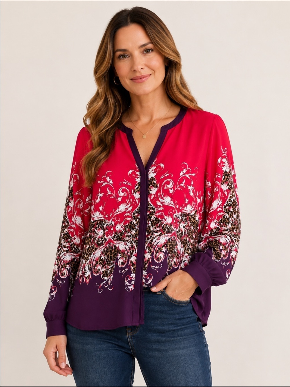 Vibrant Red and Purple Floral Blouse